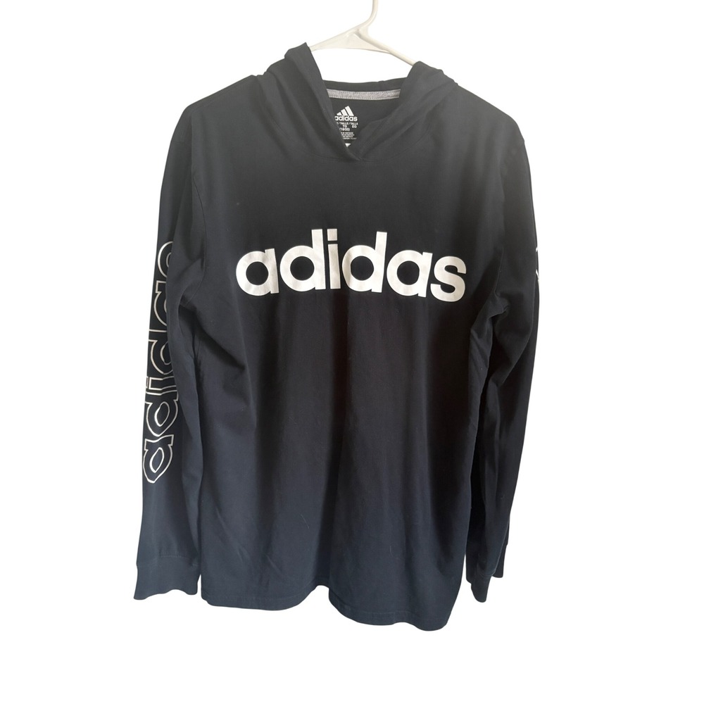 Adidas Kids XL 18/20 Black Long Sleeve Hooded T-Shirt White Logo